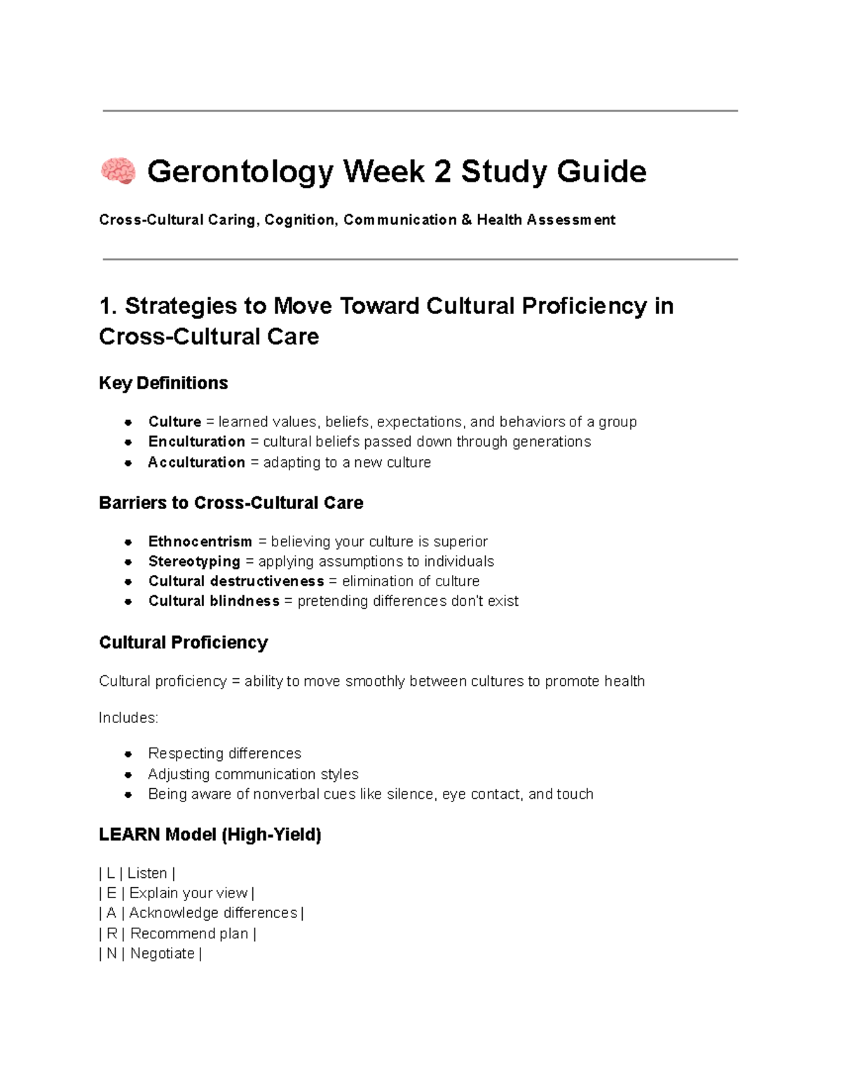 Gerontology Geriatric Care Week 2 Study Guide: Communication & Cultural ...