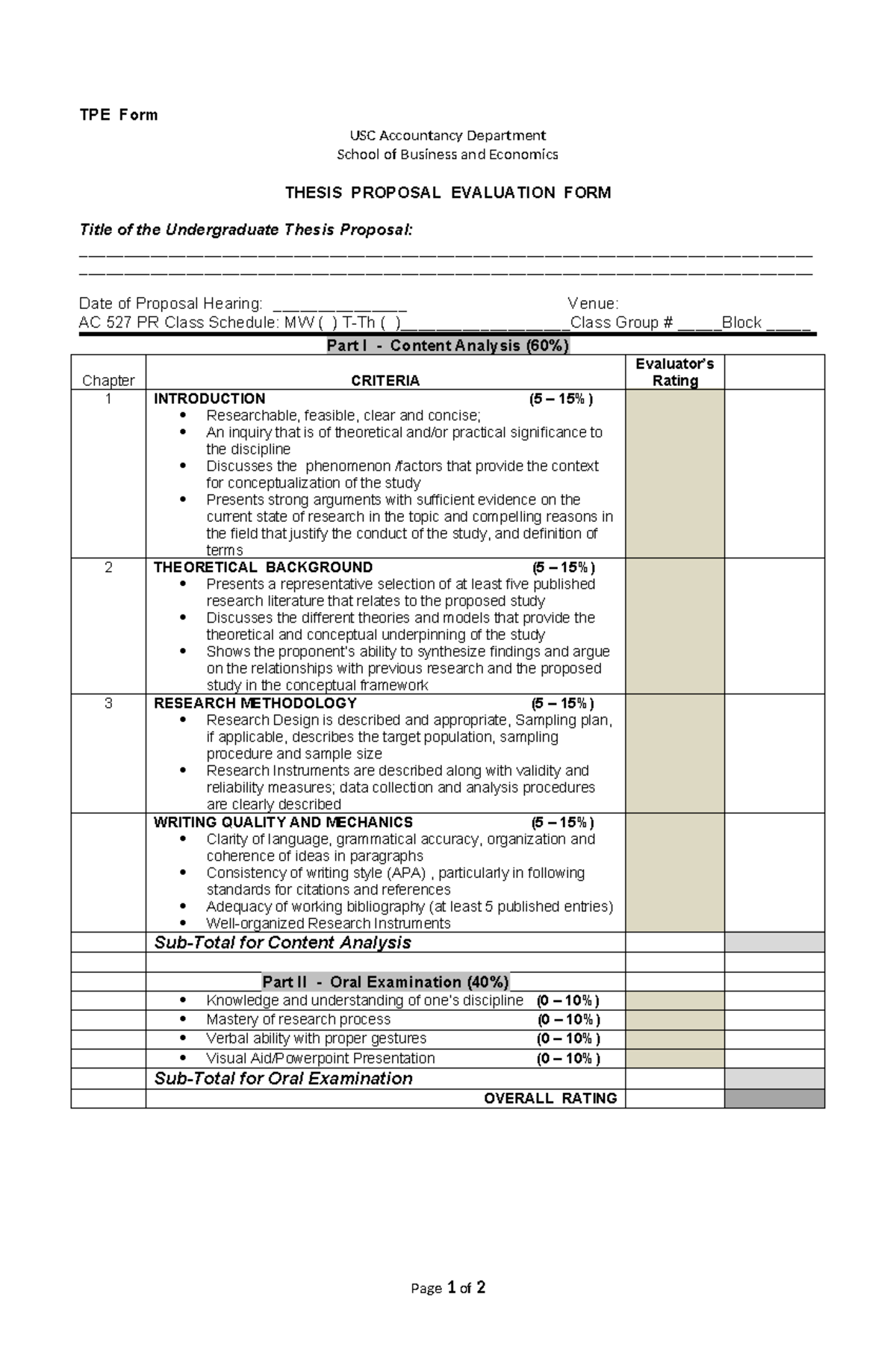 TPE Form: USC Accountancy Thesis Proposal Evaluation Criteria - Studocu