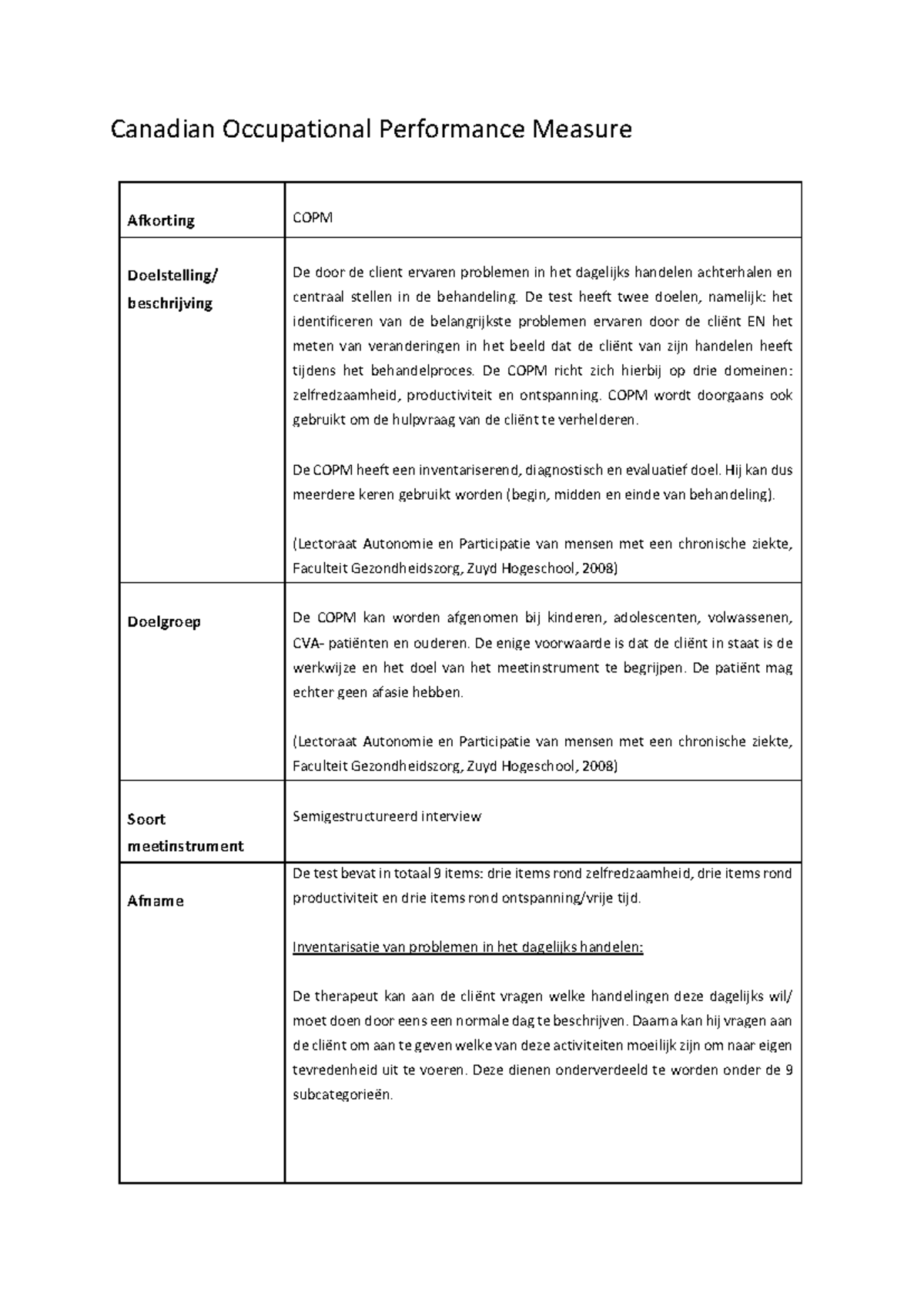 COPM - Informatie over de Canadian Occupational Performance Measure ...