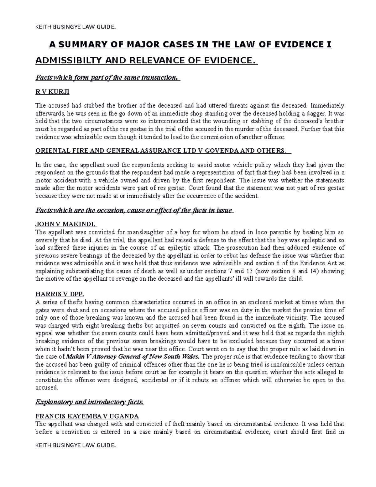 A Summary of Key Cases in Evidence Law (Law 101) - Studocu