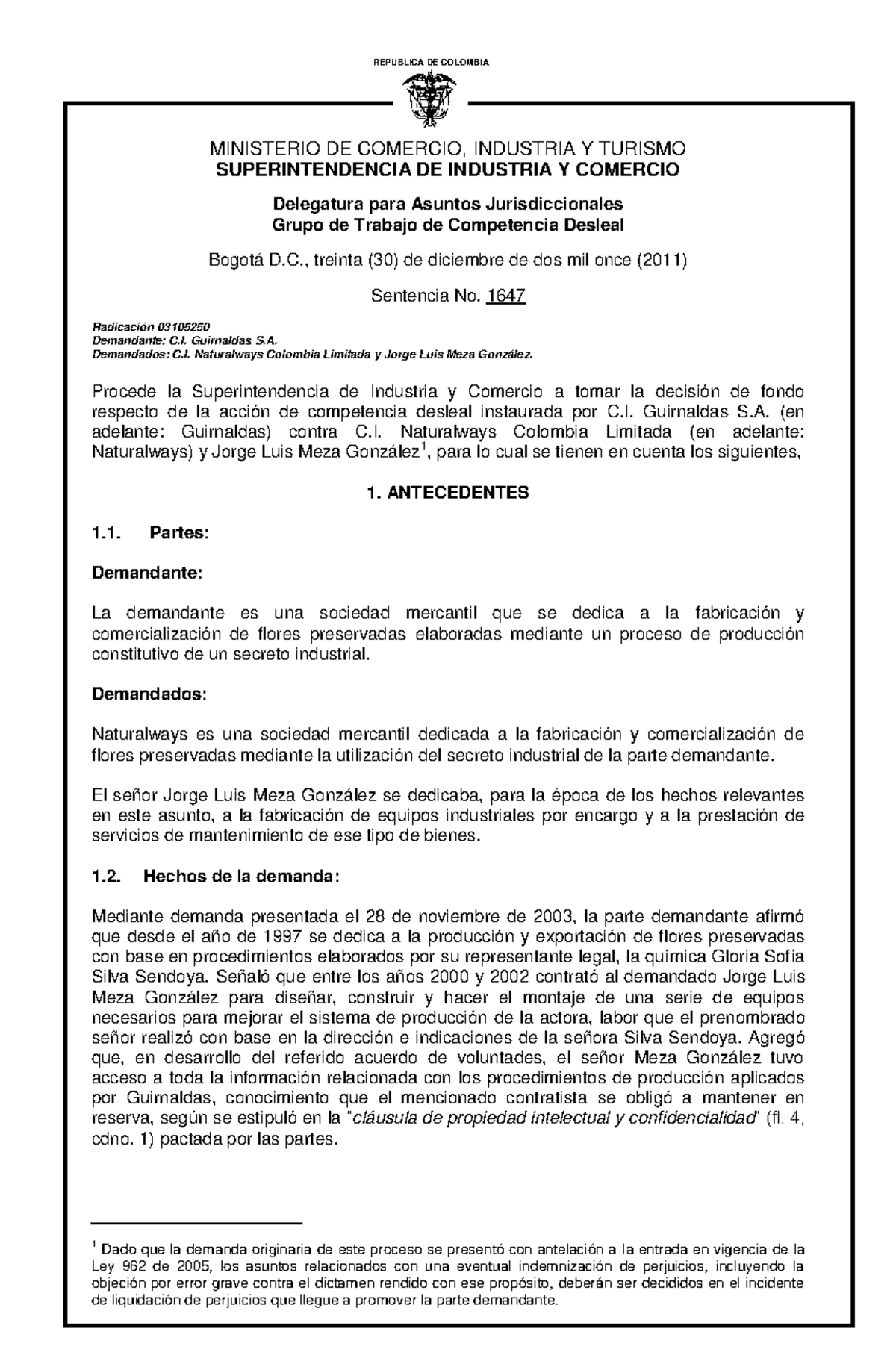 Sentencia 1647 de 2011: Desviación de Clientela en Competencia Desleal - Document Preview