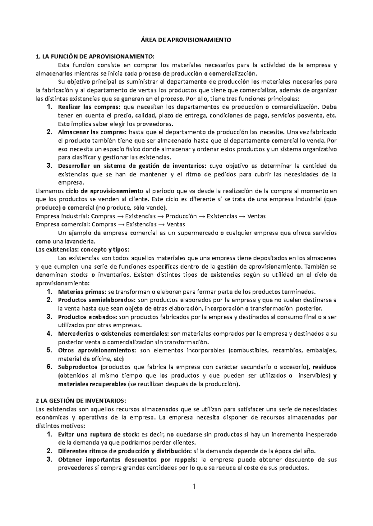 Área de aprovisionamiento, tema 7 - ÁREA DE APROVISIONAMIENTO 1. LA ...