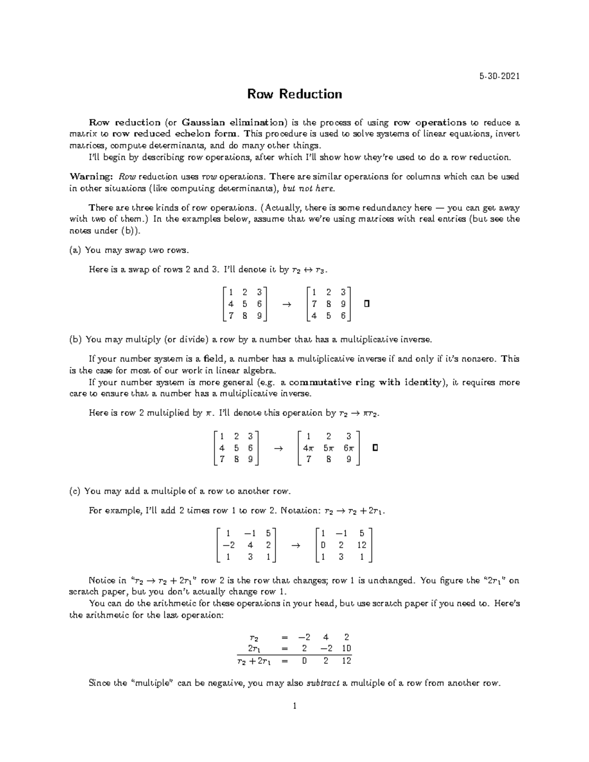 **MAT101: Final Exam Notes on Row Reduction and Gaussian Elimination ...