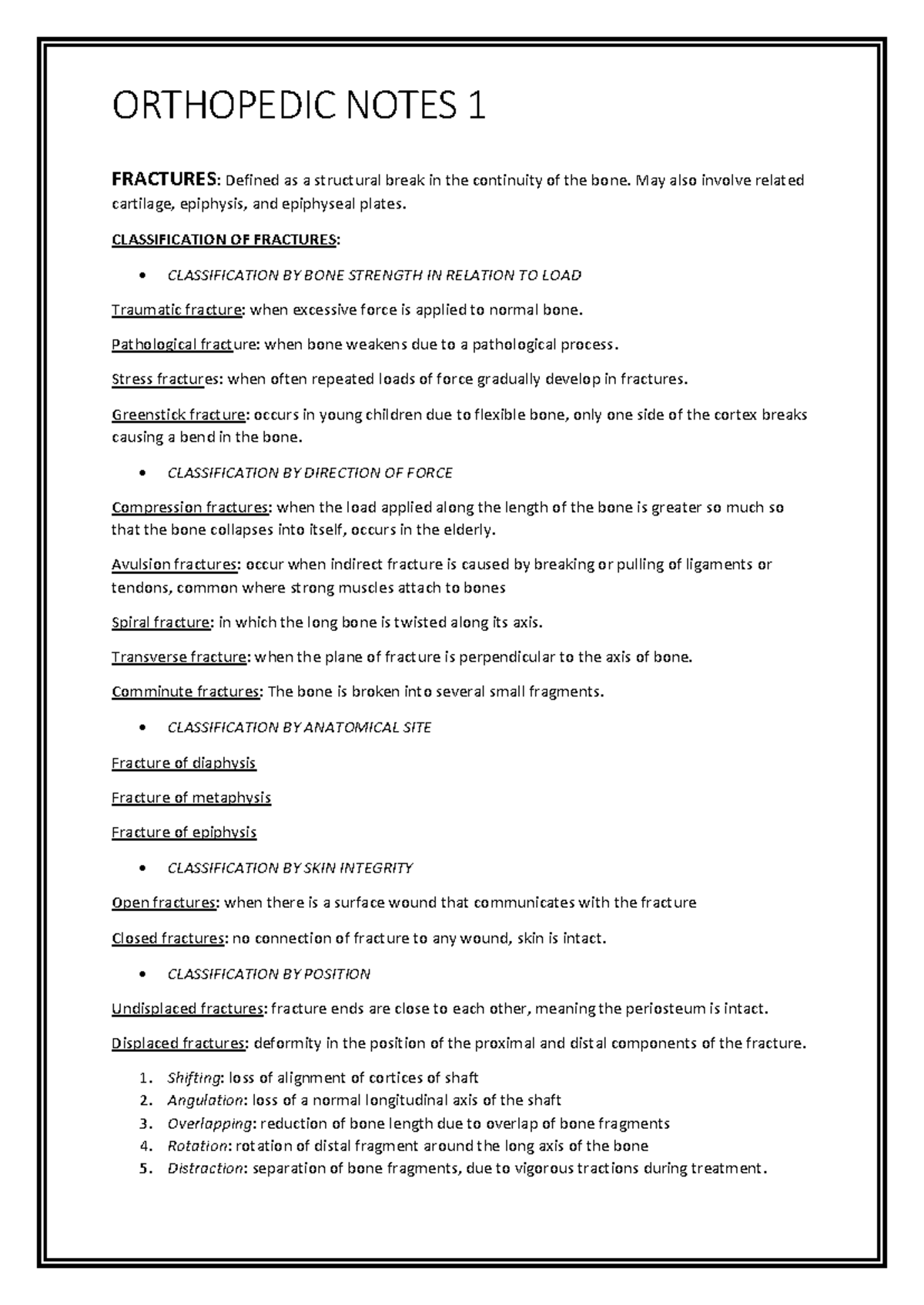 Orthopedic Notes: Understanding Fracture Classification & Healing - Studocu