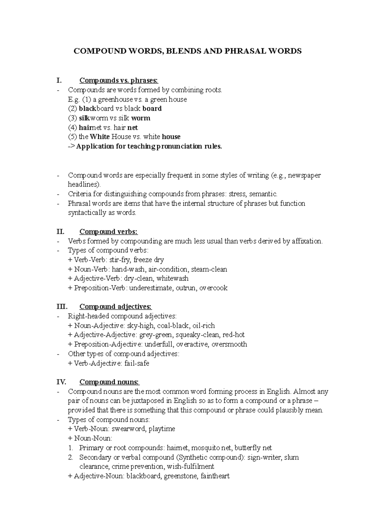 Compound words - blends - phrasal words - handout - COMPOUND WORDS ...