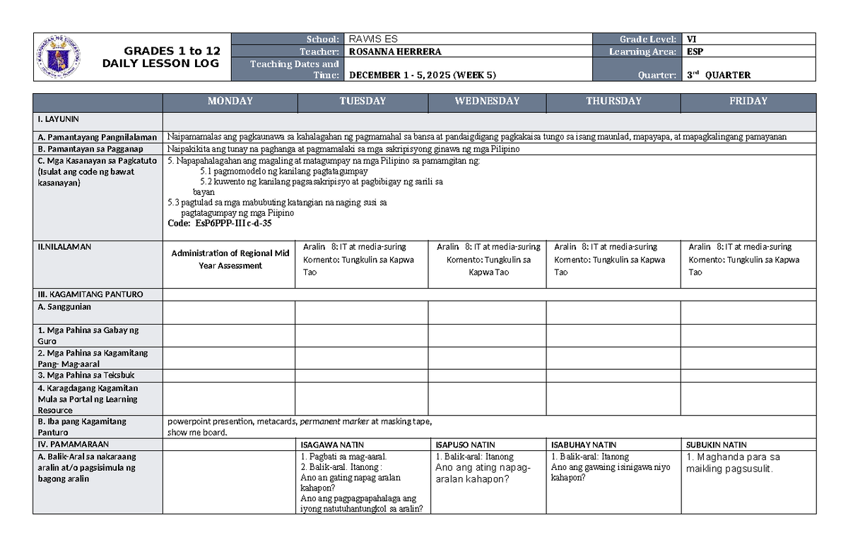 DLL ESP 6 Q3 W5: Daily Lesson Log for Grade VI - Week 5 - Studocu