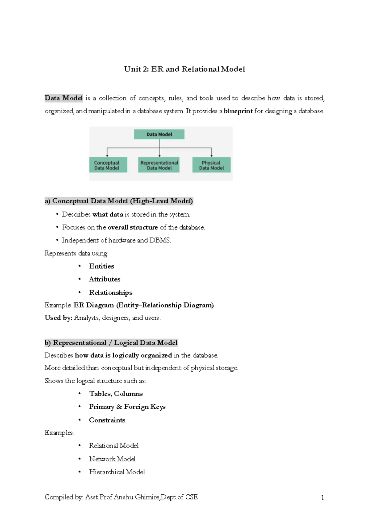 Unit 2: Summary of ER and Relational Data Models - Studocu
