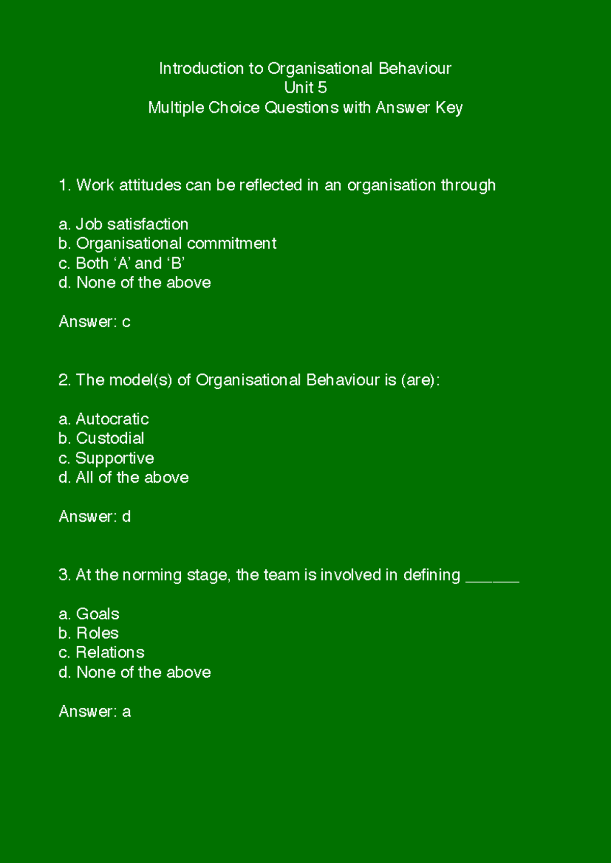 MCQs Unit 5 Introduction to Organisational Behaviour - Introduction to ...