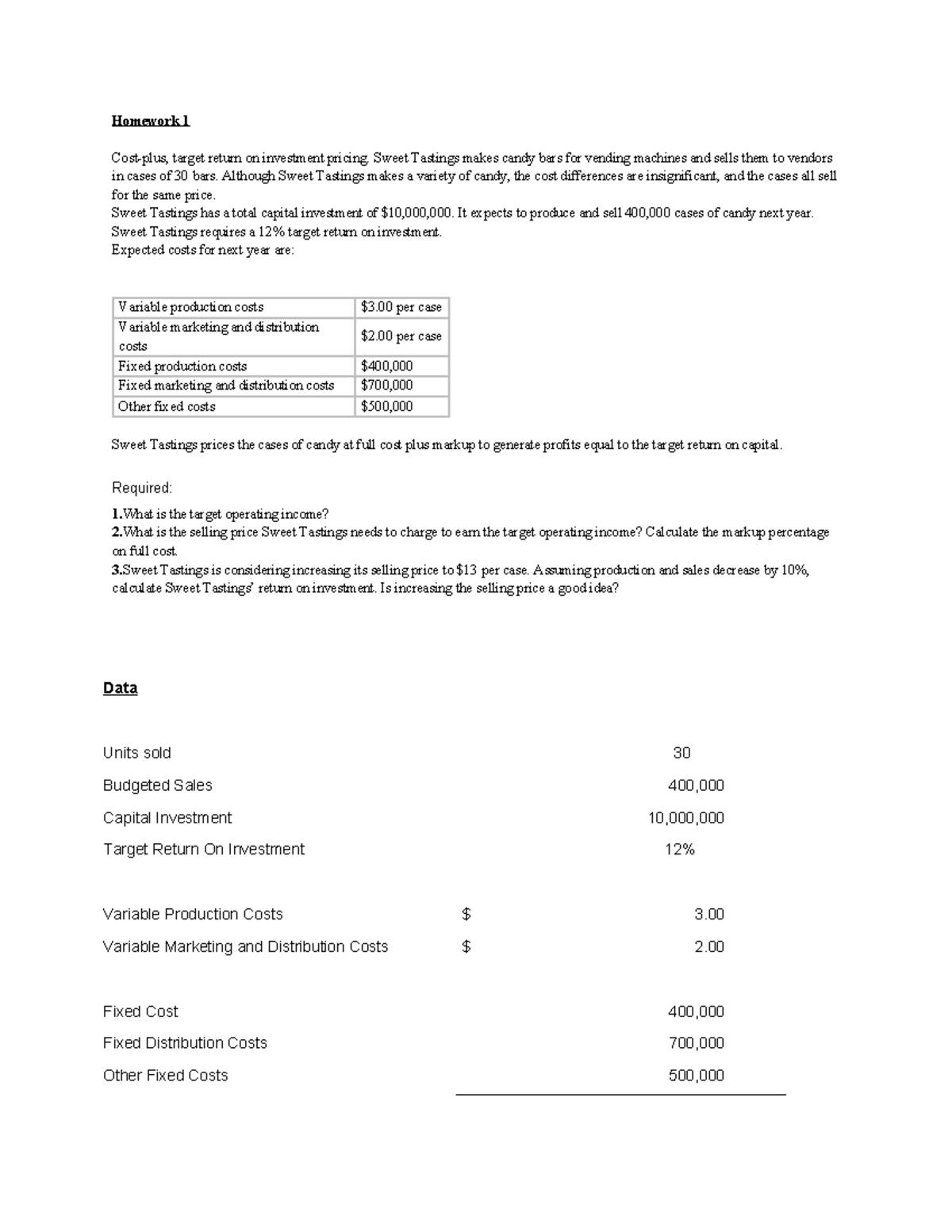 Pricing & Cost Management: Homework on Target Return Analysis - Studocu
