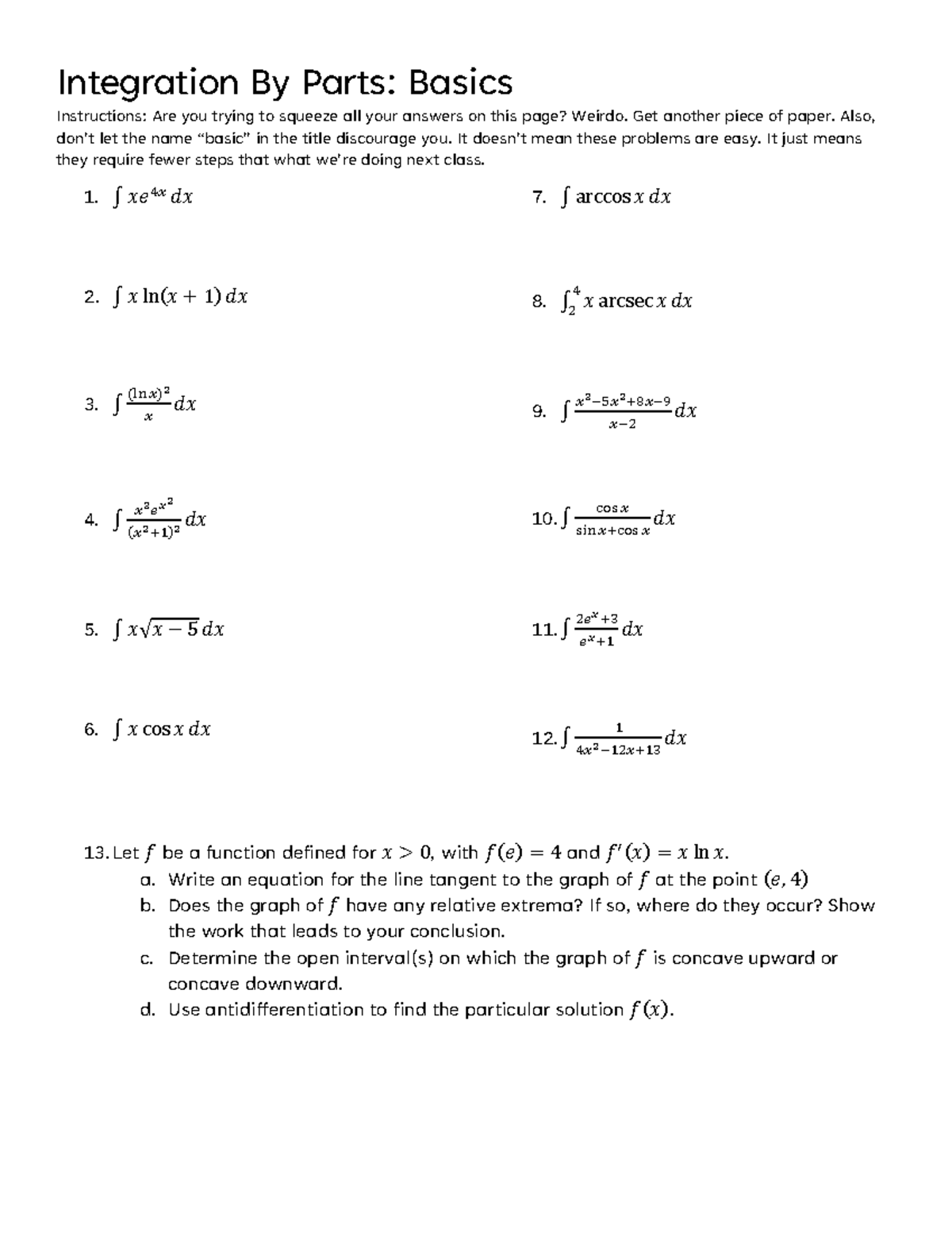 Day 4 HW: Integration by Parts Basics (Calc I) - Studocu