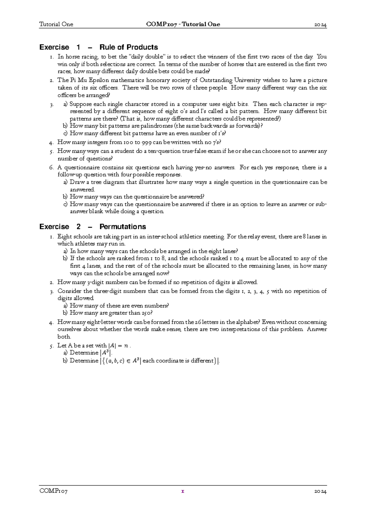 COMP107 Tutorial One 2024: Exercises on Rule of Products & Permutations ...