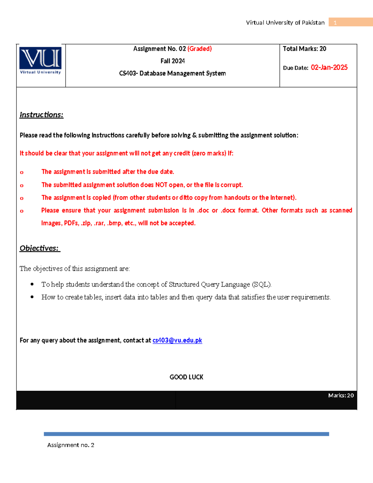 Fall 2024 CS403 Assignment 02: Database Management System Tasks - Studocu