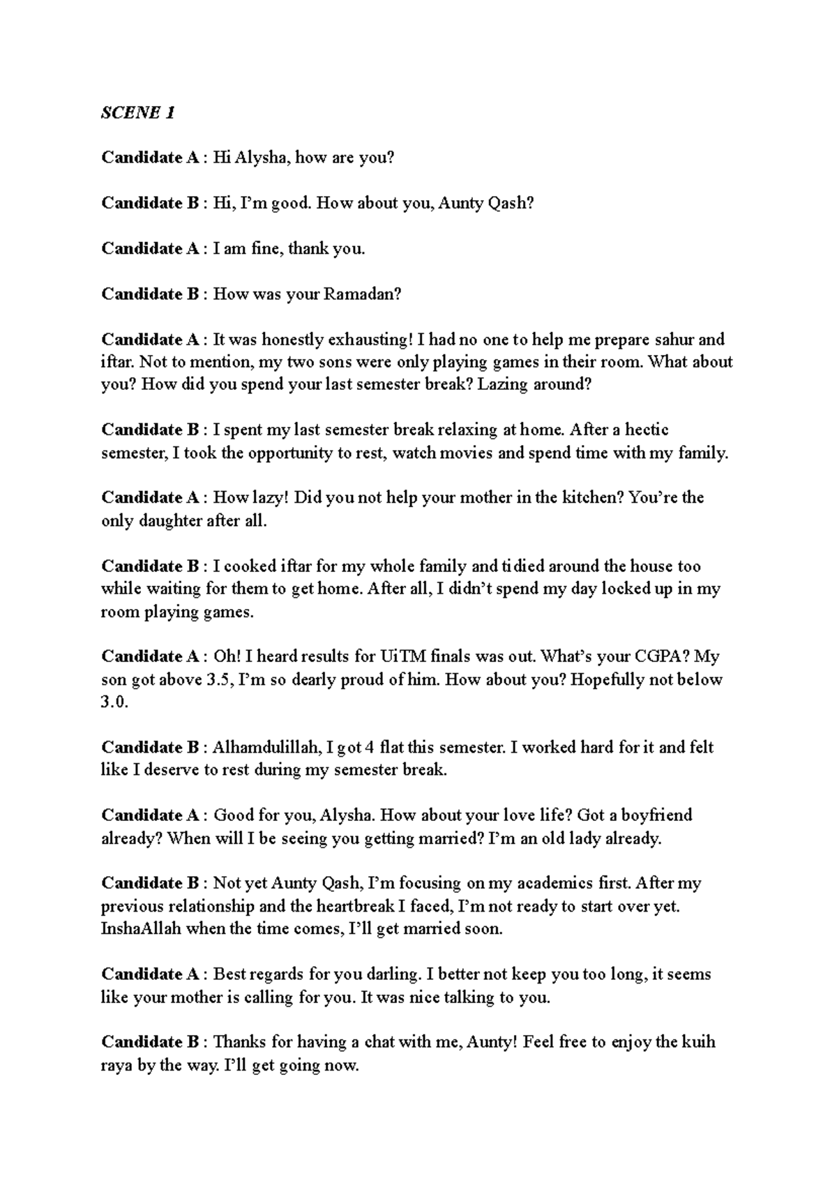 LCC Speaking Script: Scene 1 Dialogue Between Candidates - Studocu