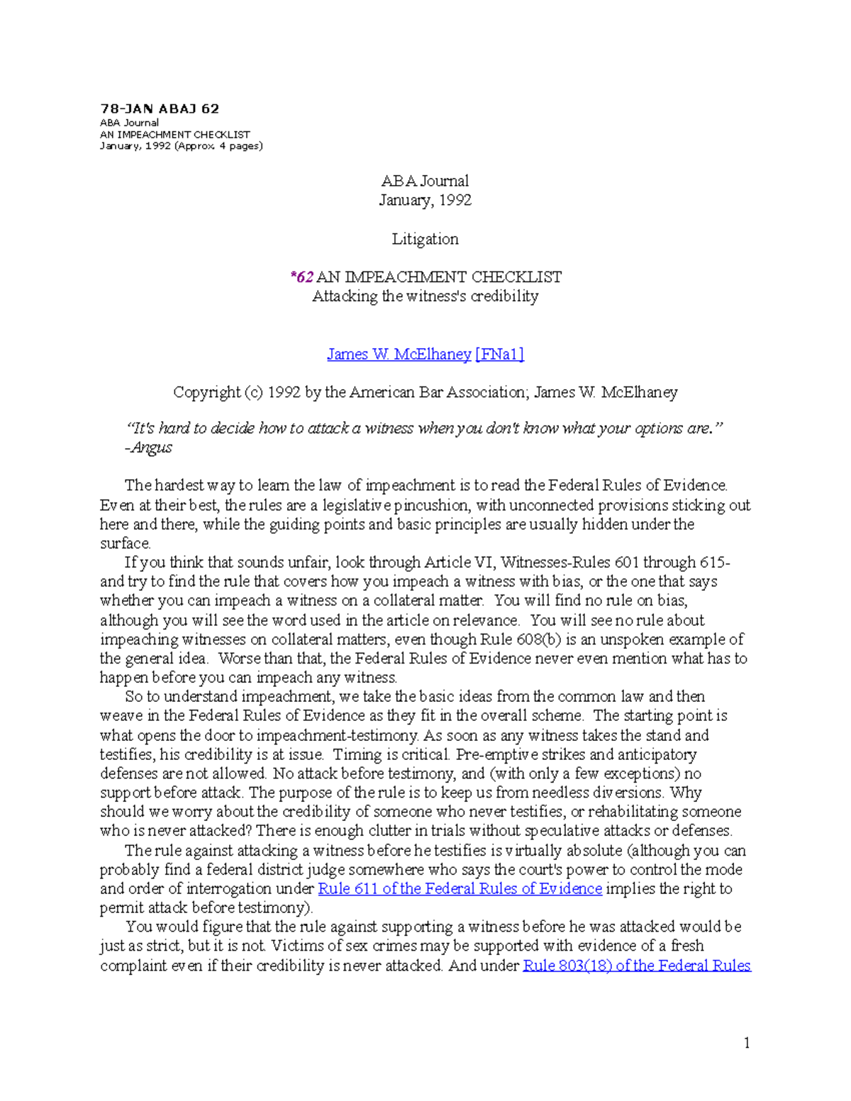 Impeachment Checklist article - 78-JAN ABAJ 62 ABA Journal AN ...