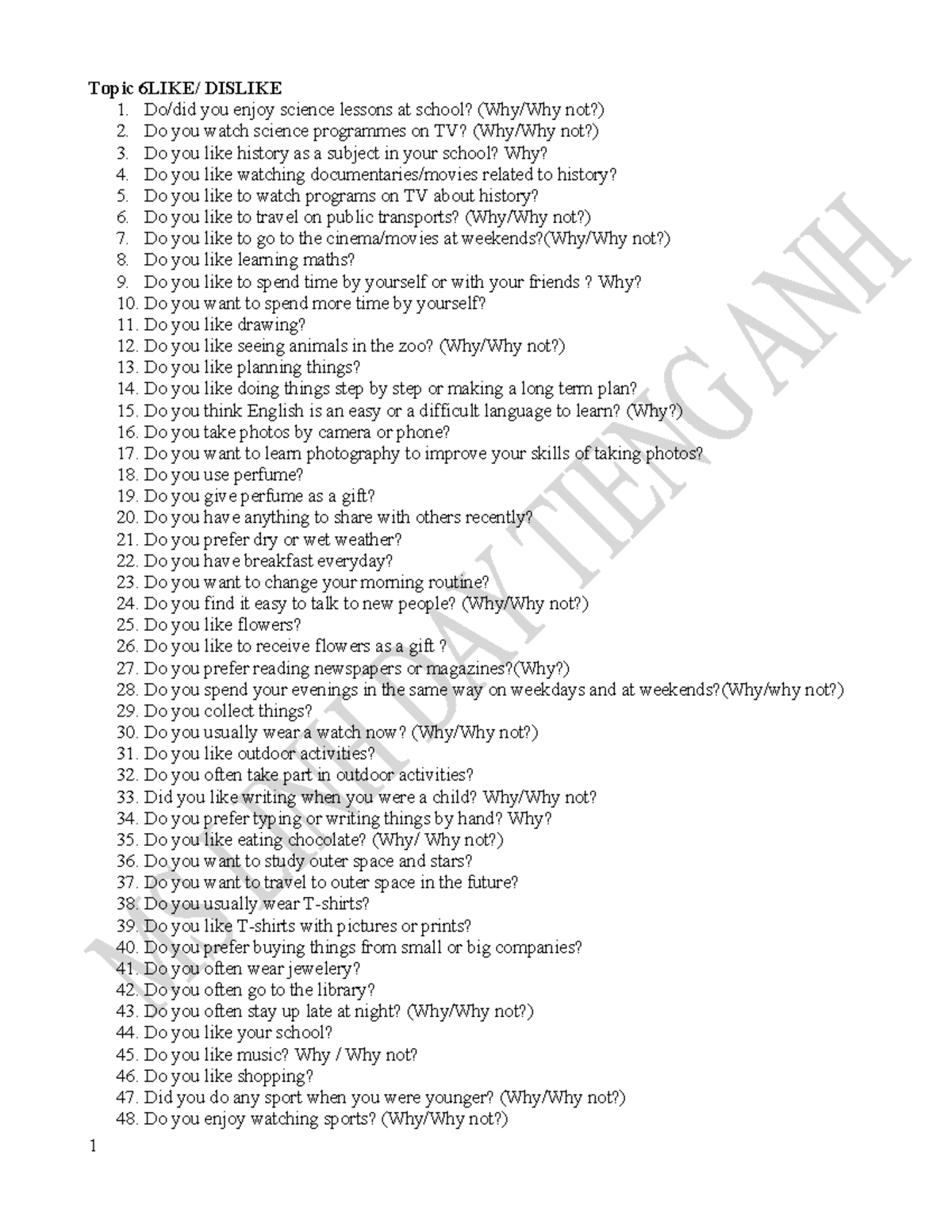 FULL Speaking Topic - Questions and Answers on Various Subjects - Studocu