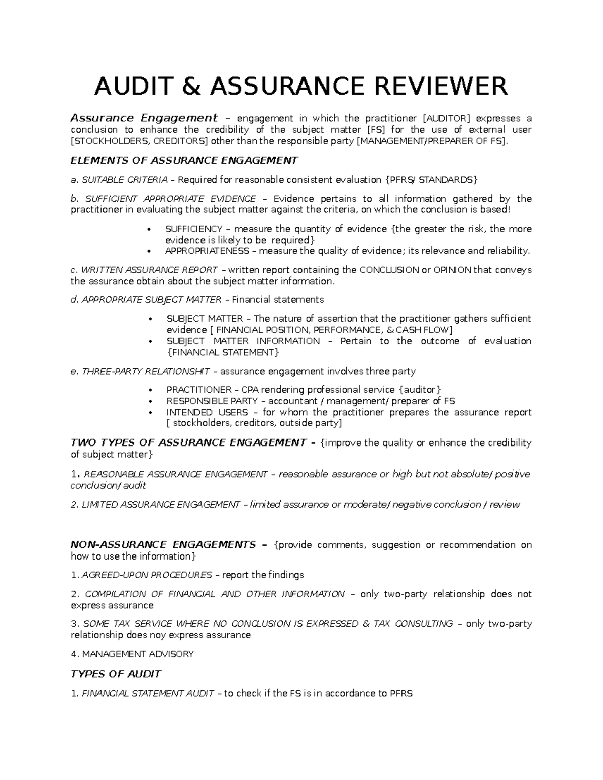 Audit & Assurance Reviewer: Key Concepts & Engagement Types - Studocu
