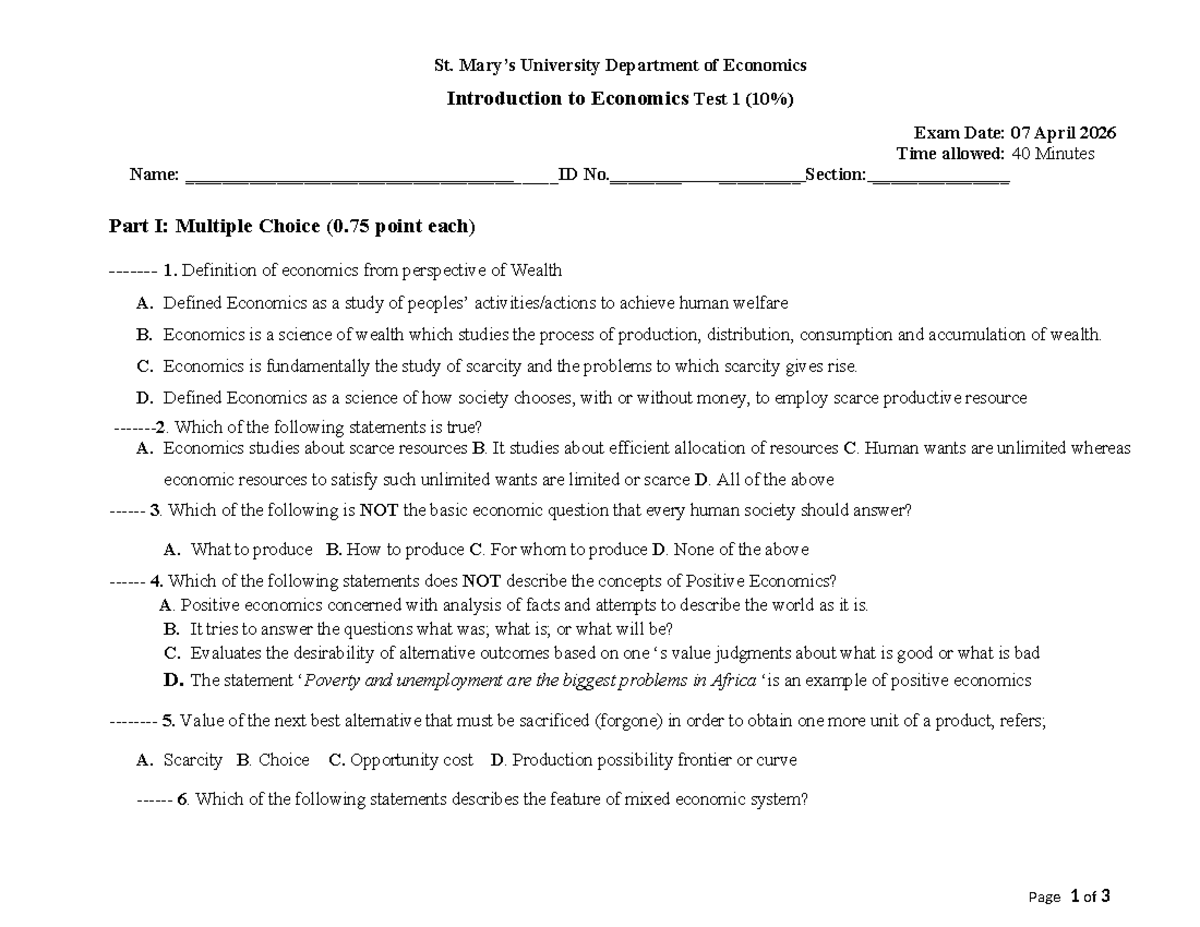 Economics 101: Introduction to Economics Test 1 (April 2026) - Studocu