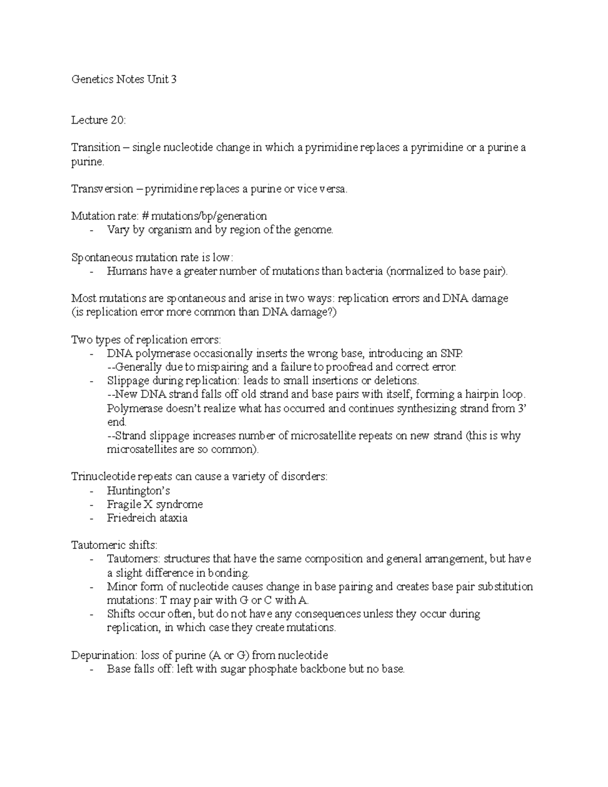 Bio 190 Unit 3 Genetics Lecture Notes on Mutations and DNA Repair - Studocu