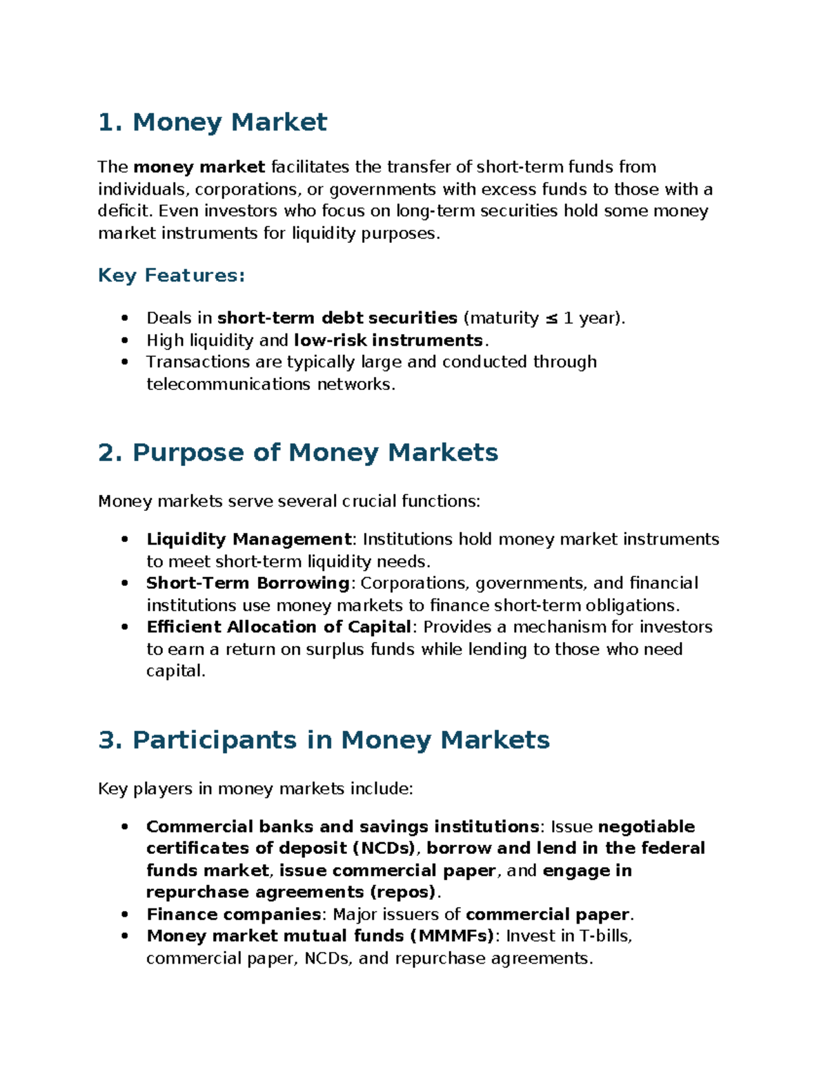 Money Market Overview and Types: Key Features and Instruments - Studocu