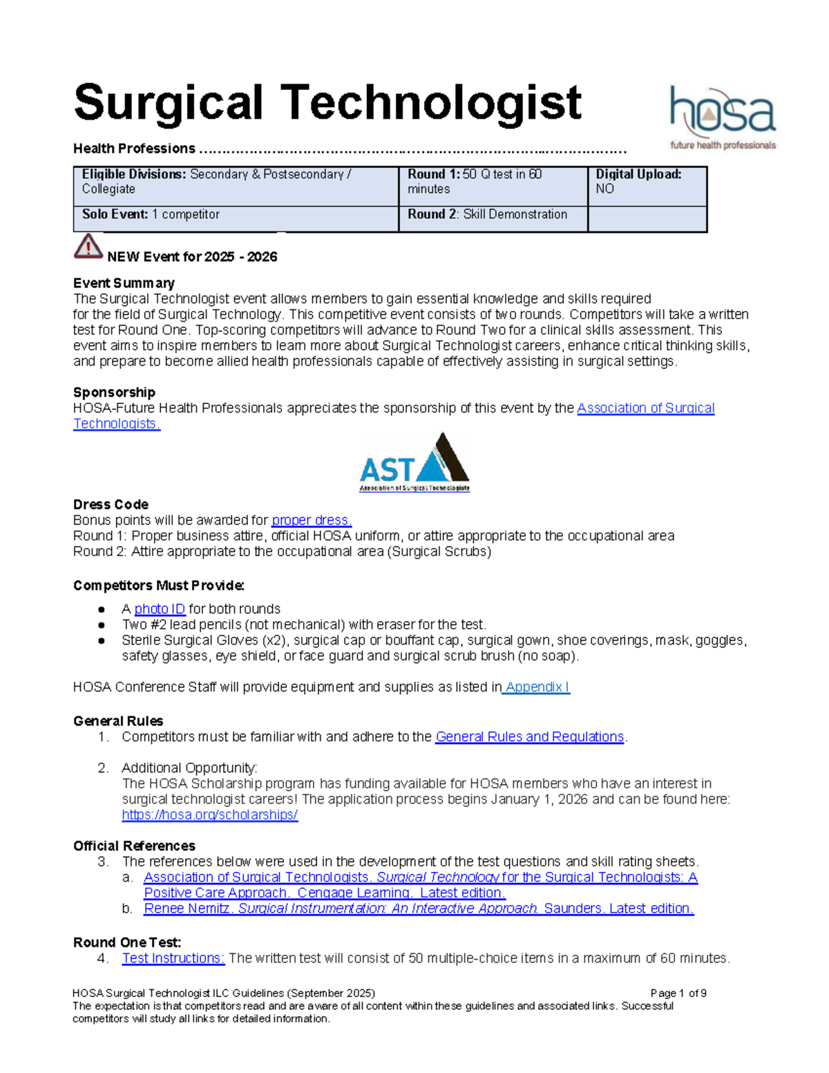 HOSA Surgical Technologist ILC Guidelines 2025-2026 - Studocu