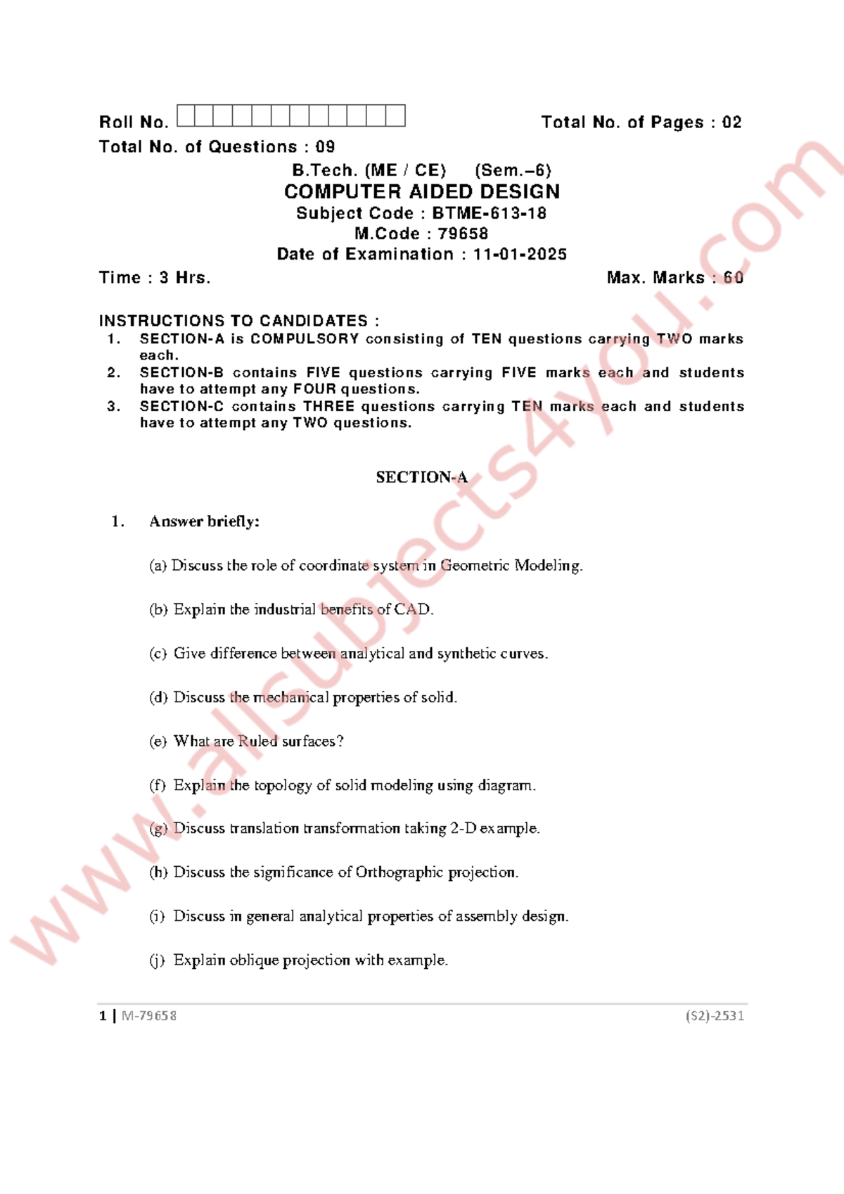 B.Tech. (ME CE) CAD Exam Questions - M.Code: 79658 - Studocu