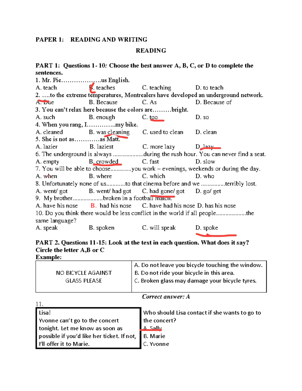 PAPER 1: READING AND WRITING TEST 2 - Questions and Answers - Studocu