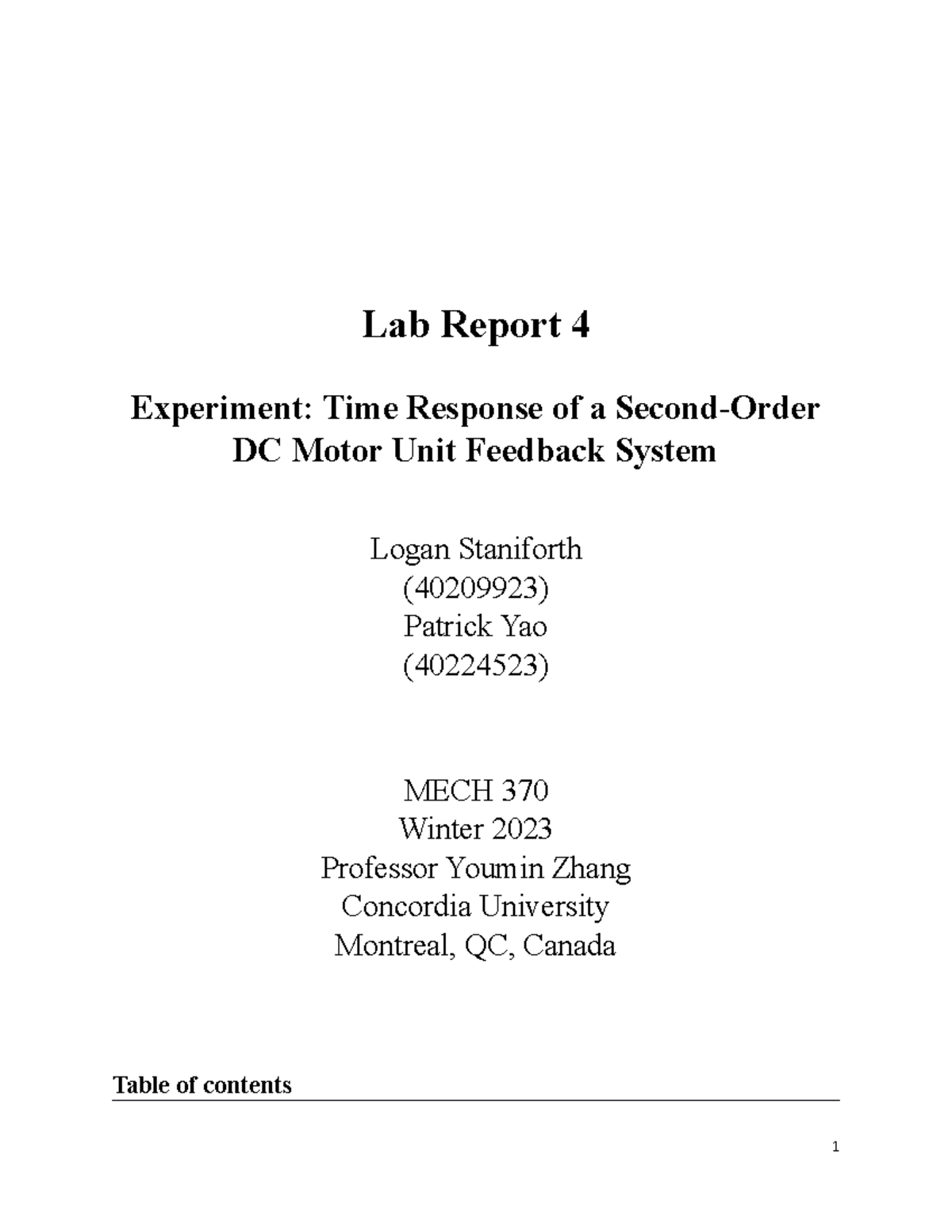 MECH 370 Lab 4 - Time Response Analysis of a DC Motor System - Studocu