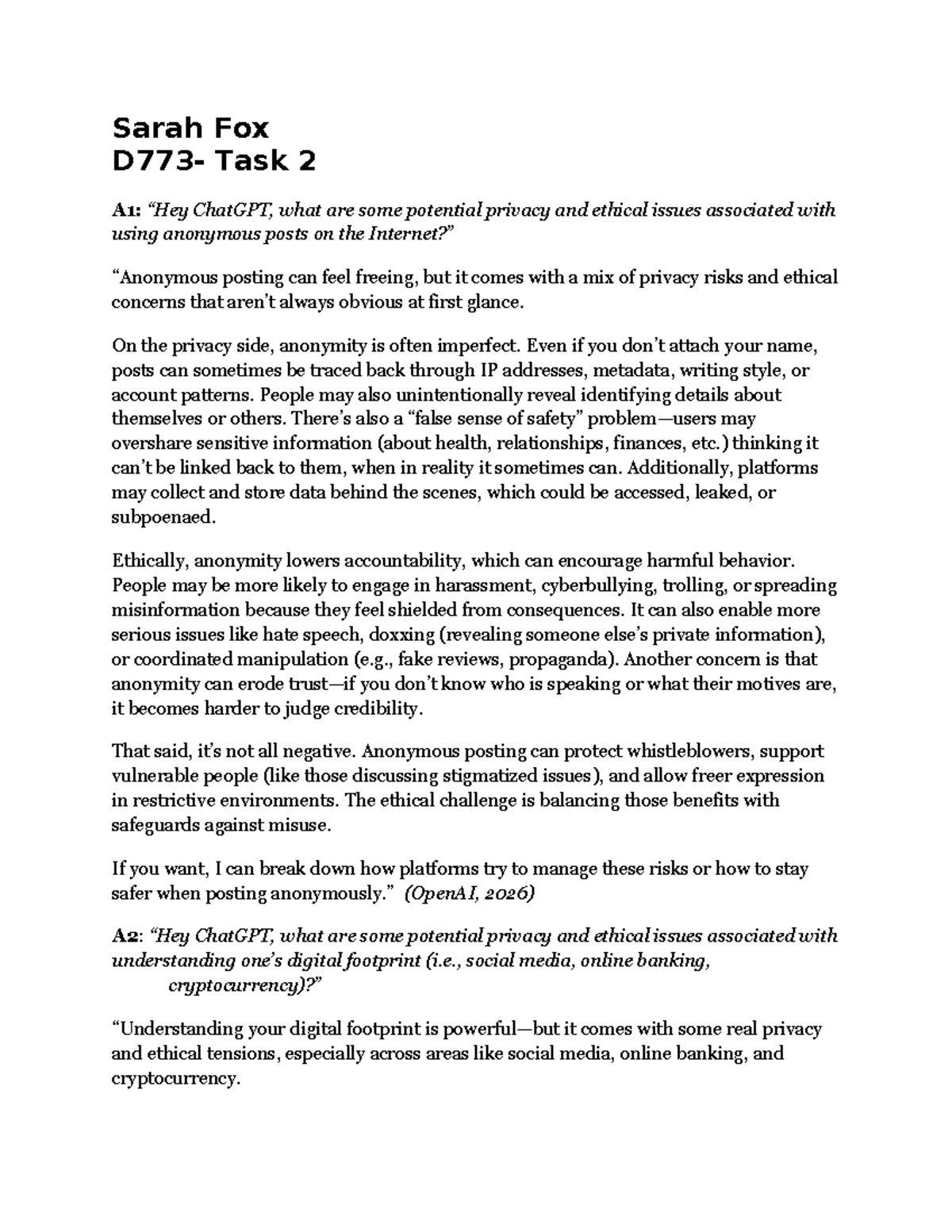 Sarah Fox D773 - Task 2: Privacy & Ethical Issues in Anonymous Posting ...