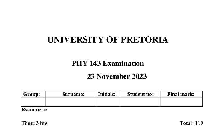 PHY 143/147 Final Exam Paper - November 2022 - Studocu