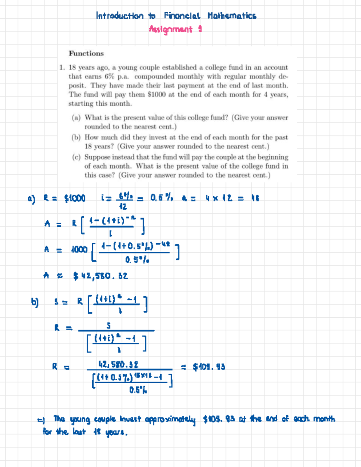 MATH 1009 Assignment 9: Introduction to Financial Mathematics - Studocu