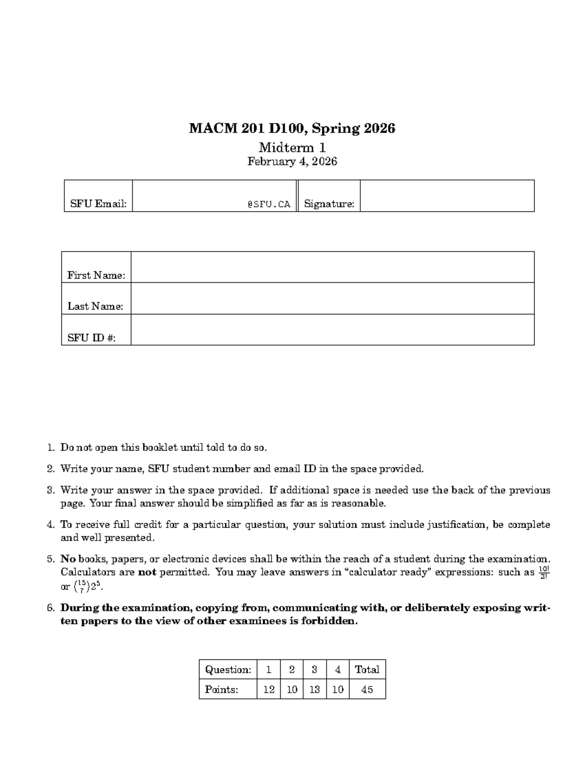 MACM 201 D100, Spring 2026 Midterm 1 Exam Document - Studocu