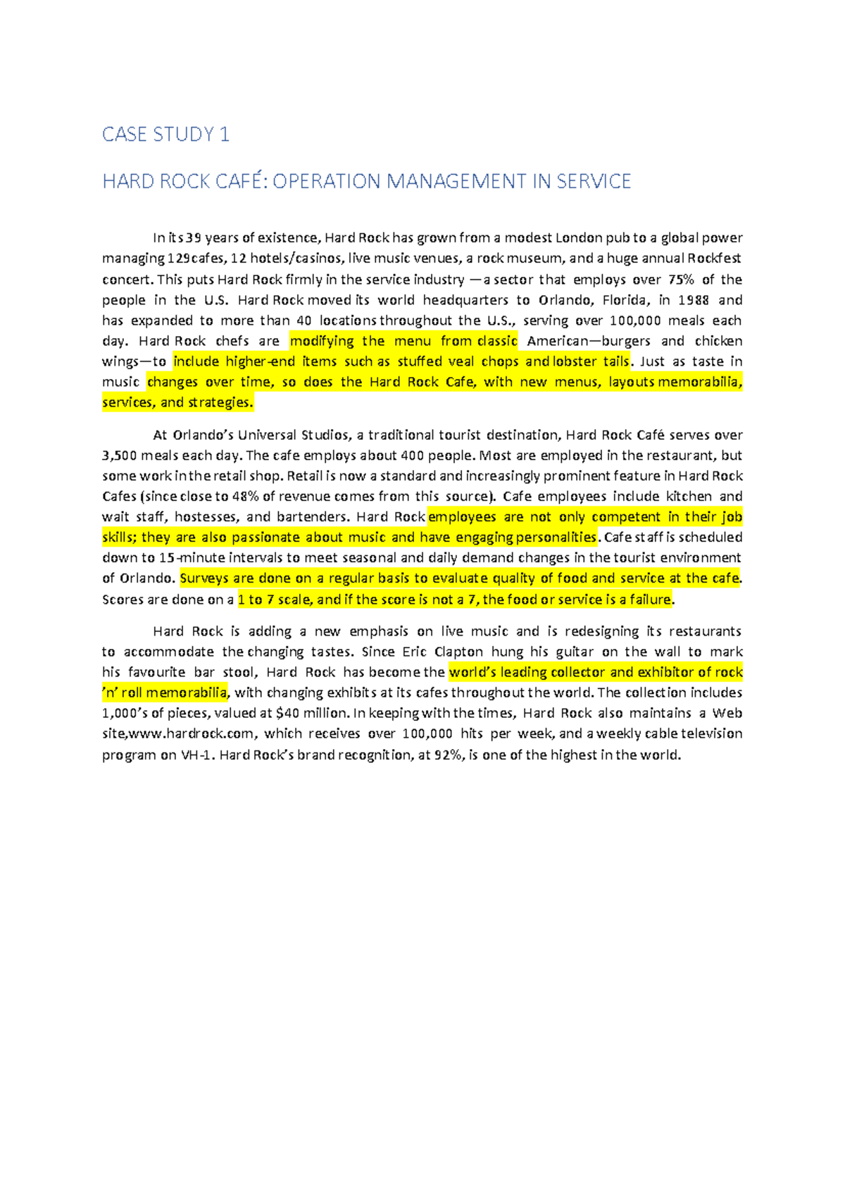 Hard Rock Café Operations Management Case Study Analysis - Studocu