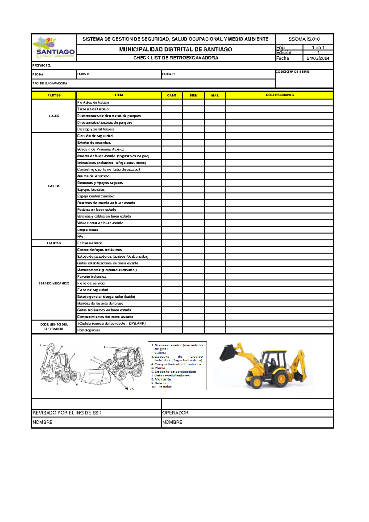 Check List - Retroexcavadora para Proyecto de Inspección SSOMA - Document Preview