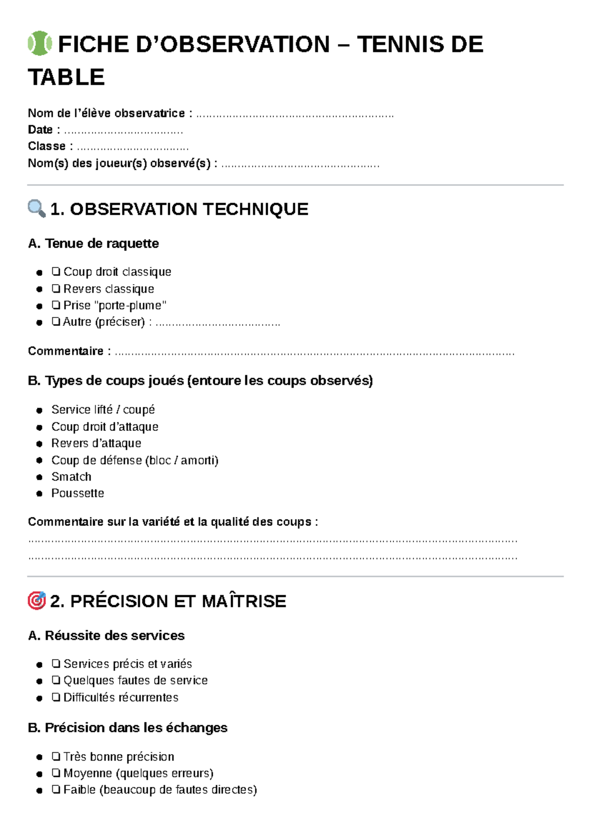 🎾 FICHE D'OBSERVATION - TENNIS DE TABLE (FICHE) - Studocu