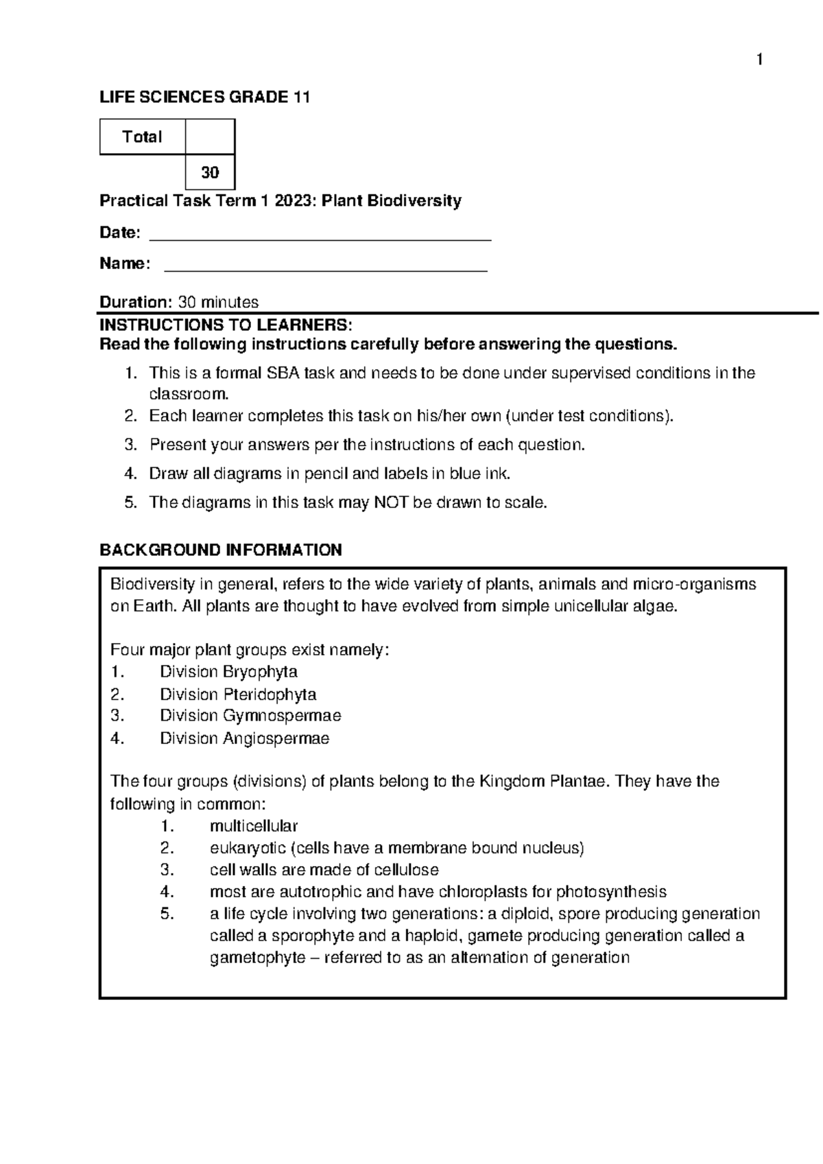 Term 1 Gr.11 Practical TASK 2023 - LIFE SCIENCES GRADE 11 Total 30 ...