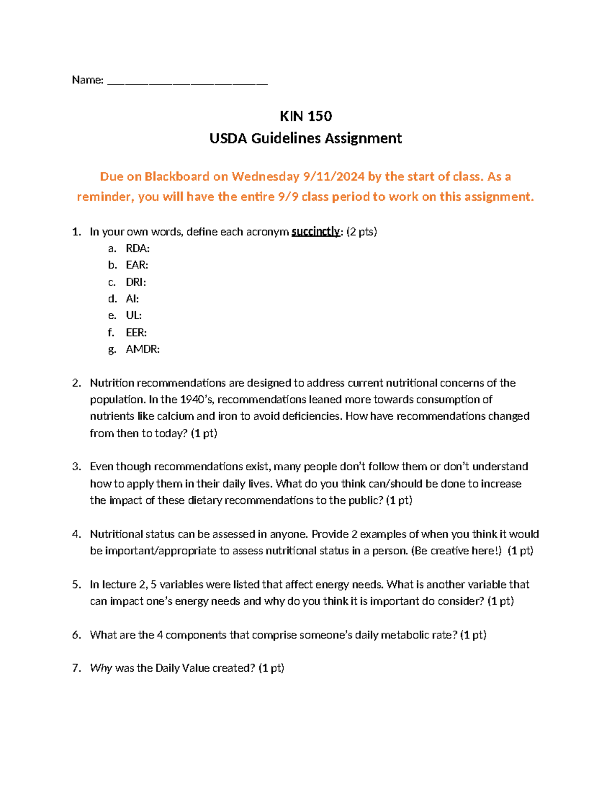 KIN 150 USDA Guidelines Assignment for Class on 9/11/2024 - Studocu