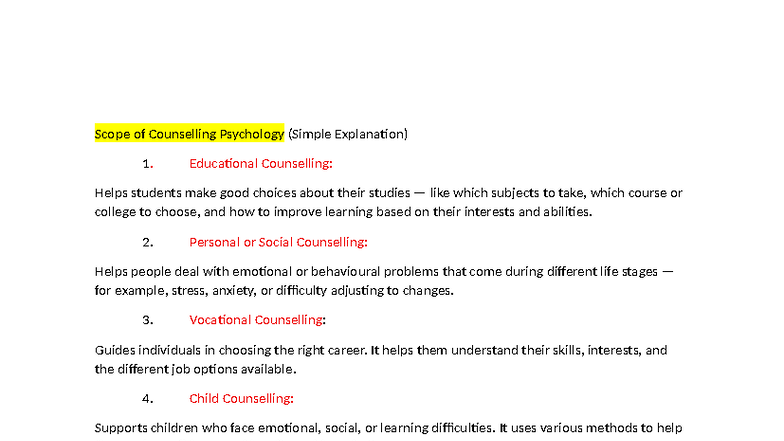 Scope of Counselling Psychology: Key Concepts and Goals - Studocu