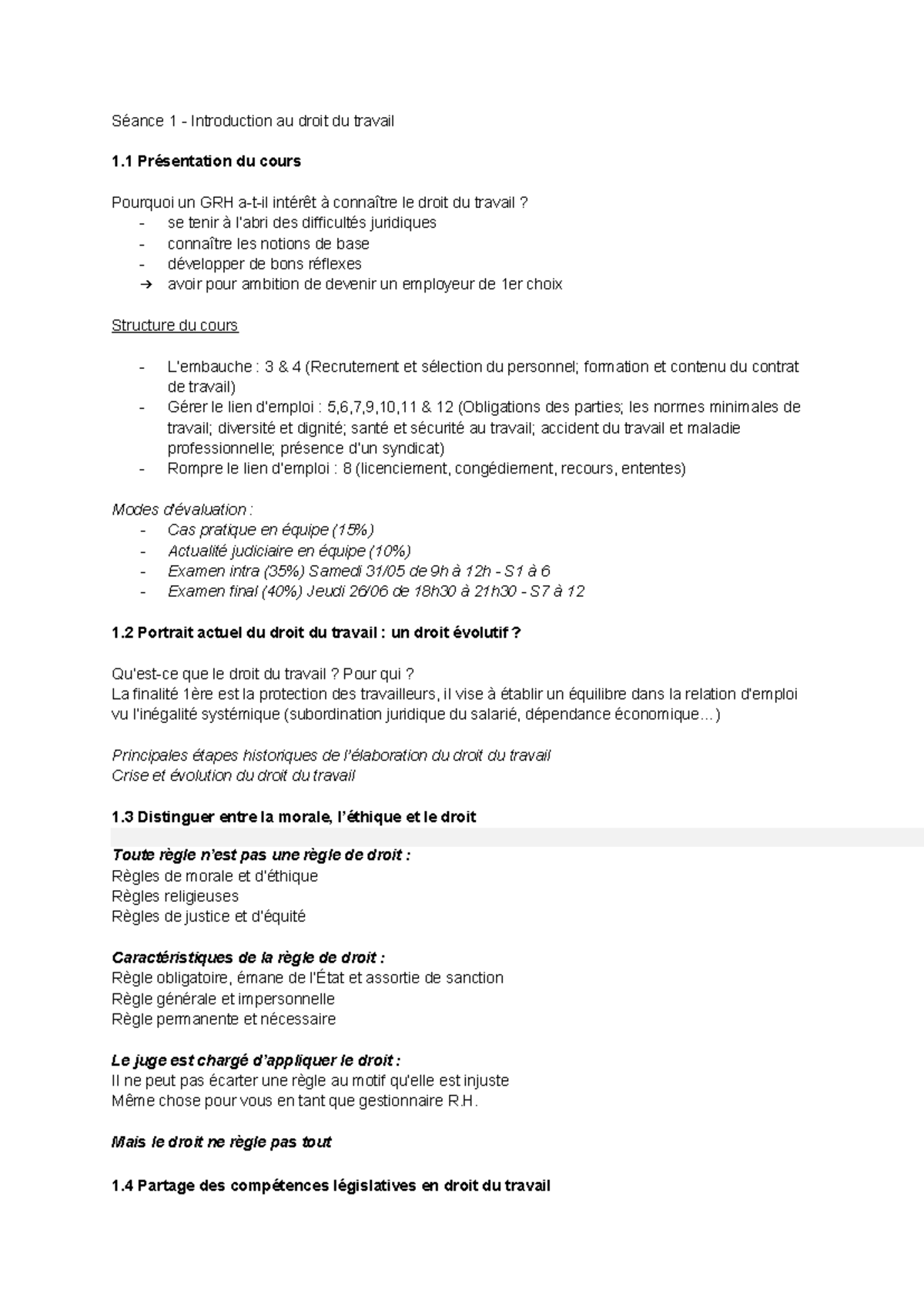 Séance 1 - Introduction au Droit du Travail : Concepts et Cadre Légal ...