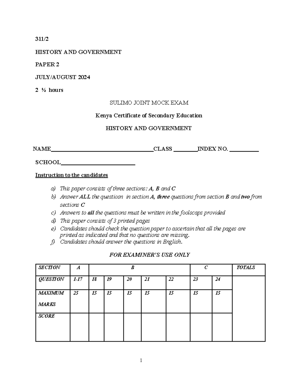 HISTORY AND GOVERNMENT MOCK EXAM PAPER 2 2024 - Studocu