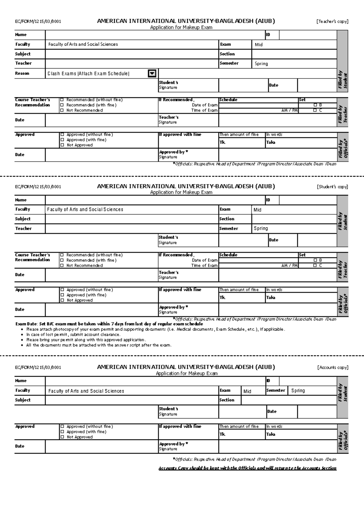 AIUB Makeup Exam Application Form - Midterm Spring 2025-26 - Studocu