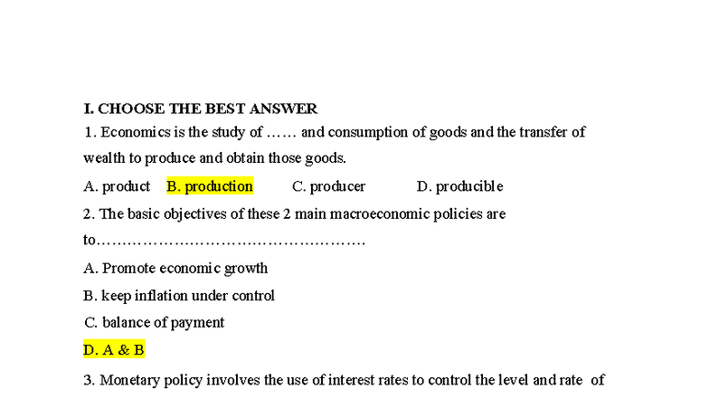 Đề-2: Economics Quiz - Multiple Choice Questions and Answers - Studocu