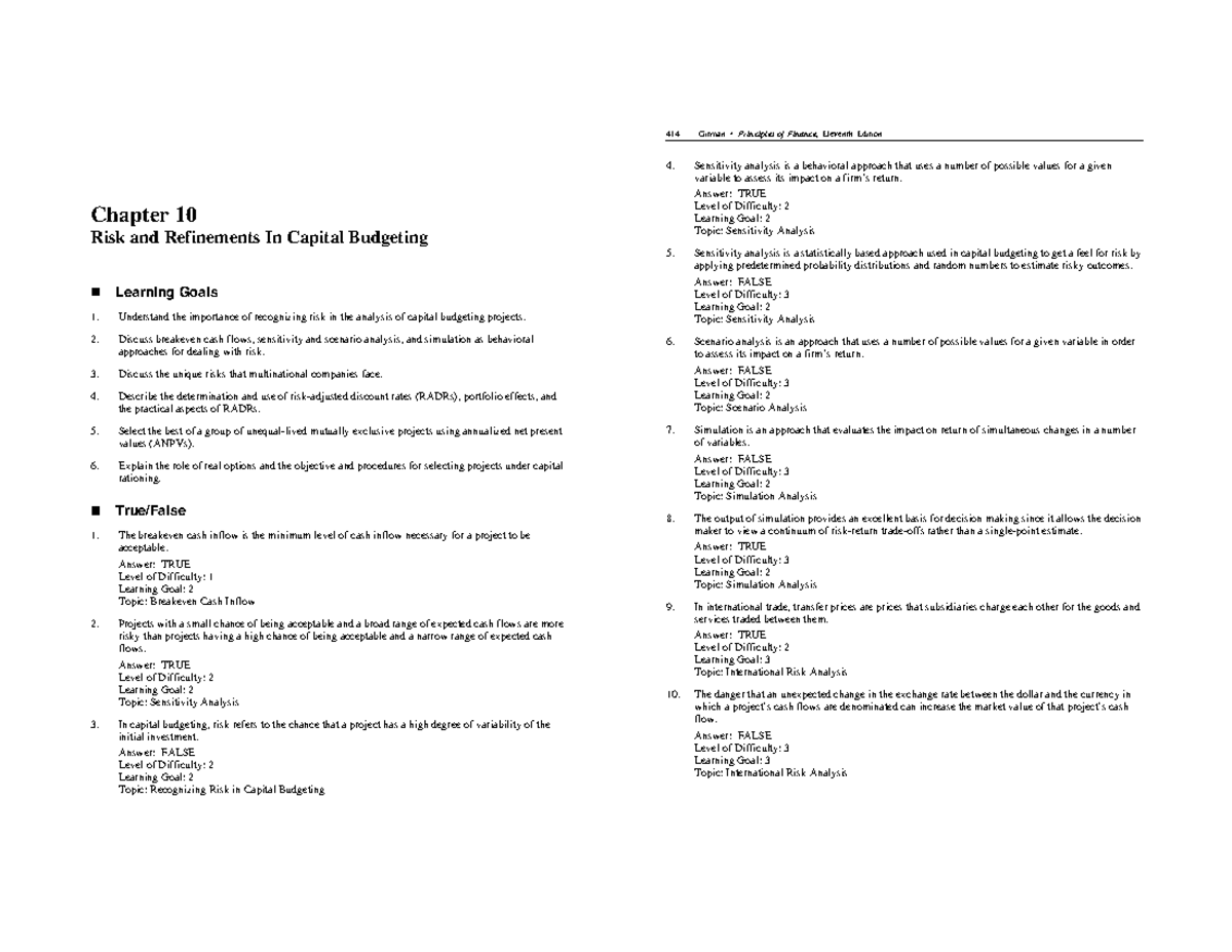 Chapter 10: Risk & Refinements in Capital Budgeting - Analysis ...