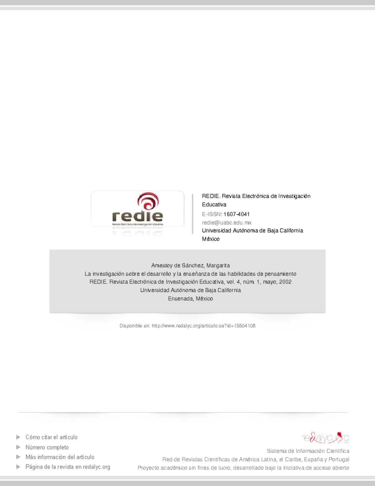 Investigación sobre el Desarrollo de Habilidades de Pensamiento - REDIE ...