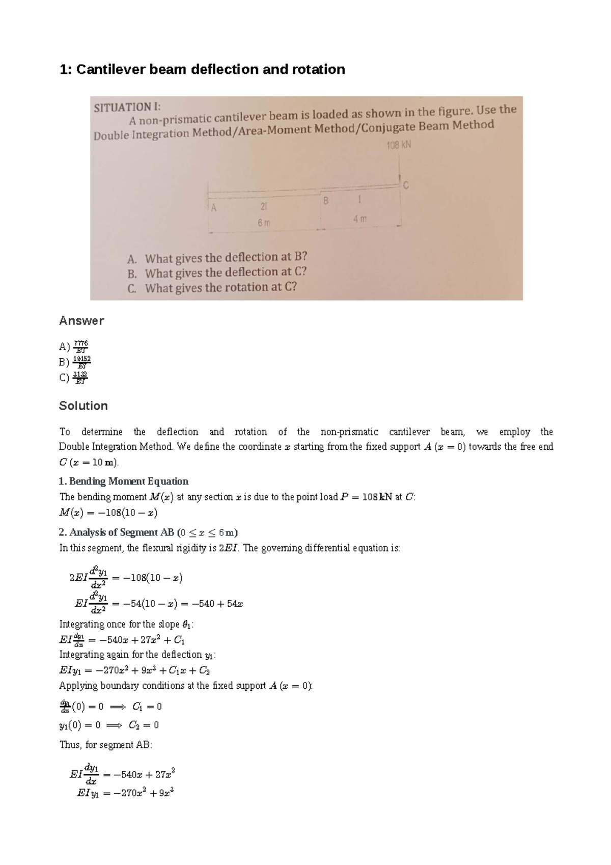 Cantilever Beam Deflection & Rotation Analysis (ENG 101) - Studocu