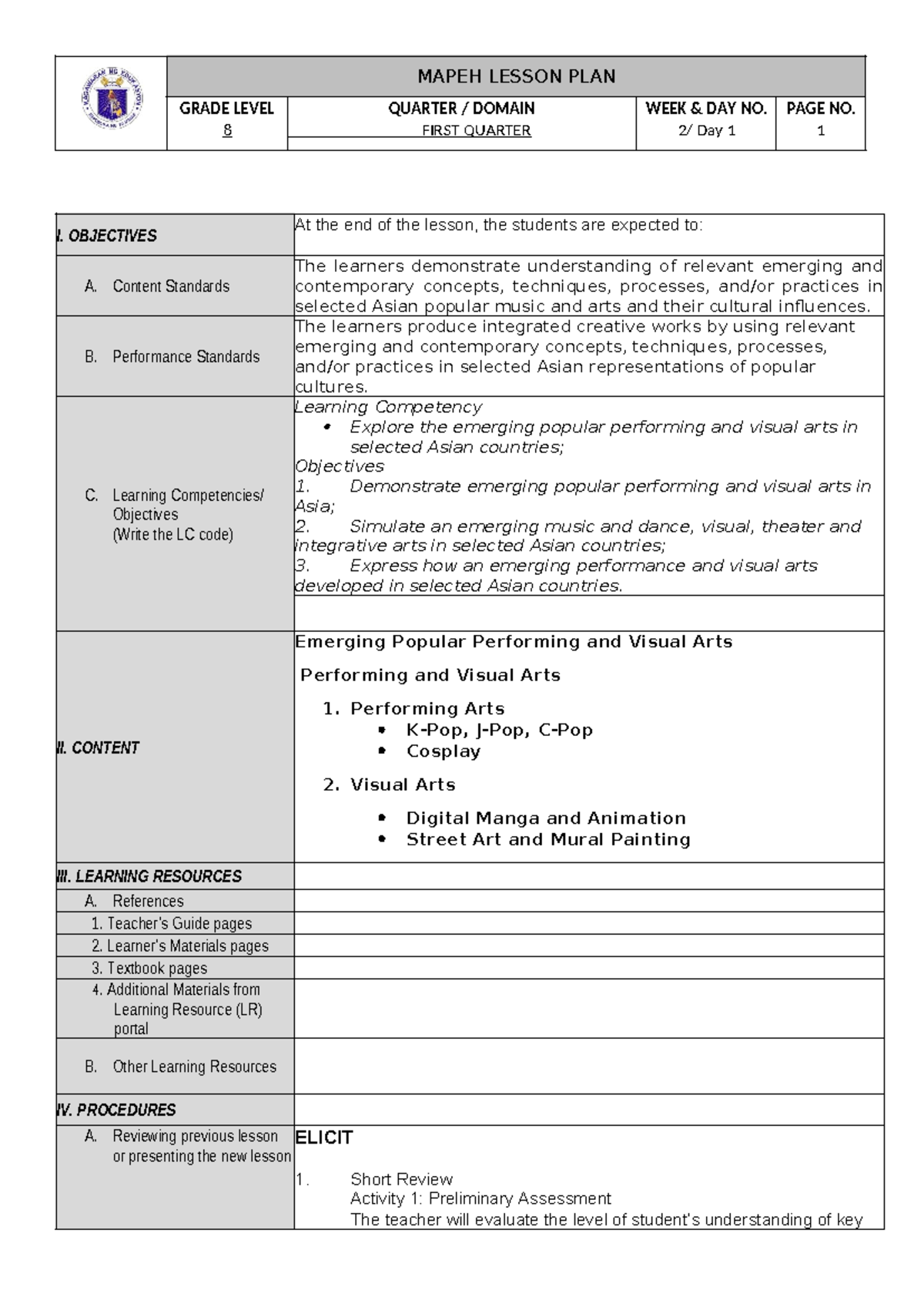 MAPEH Lesson Plan for Grade 8: Emerging Asian Arts & Music - Studocu