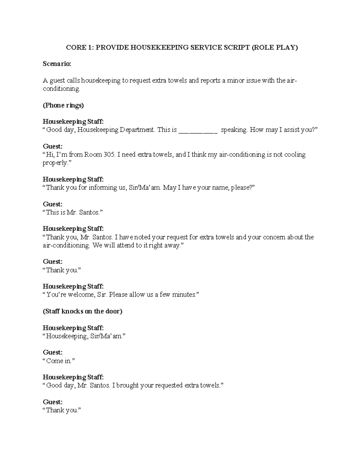 CORE 1: Housekeeping Service Role Play Script for Guest Requests - Studocu