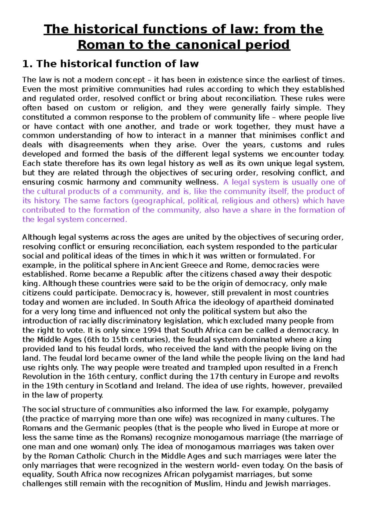 Term 2 Foundations of Law Notes: Historical Functions of Law - Studocu