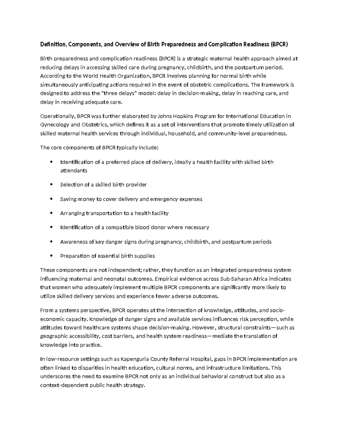 Overview of Birth Preparedness & Complication Readiness (BPCR) - Studocu