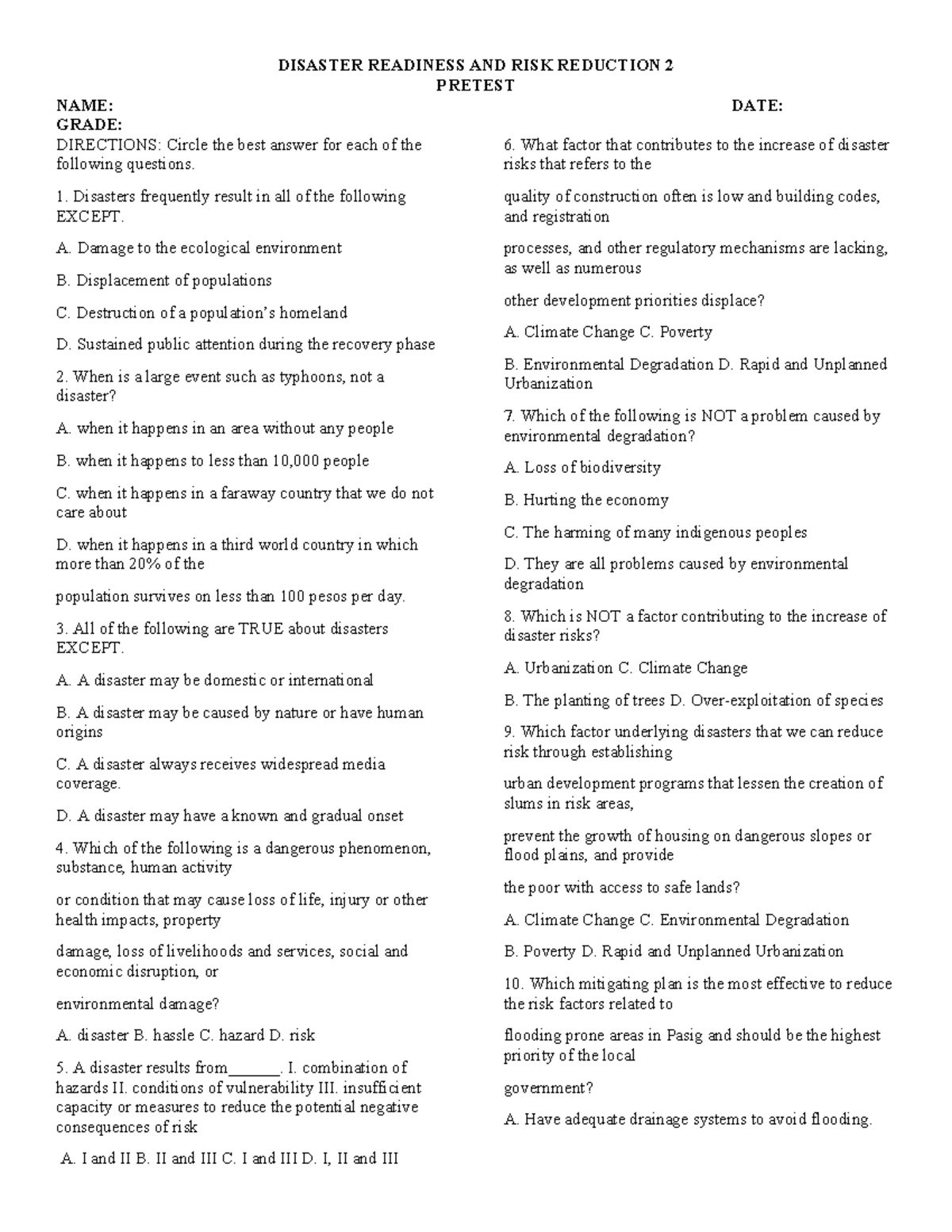 DRR 2 Pretest: Disaster Readiness & Risk Reduction Questions - Studocu