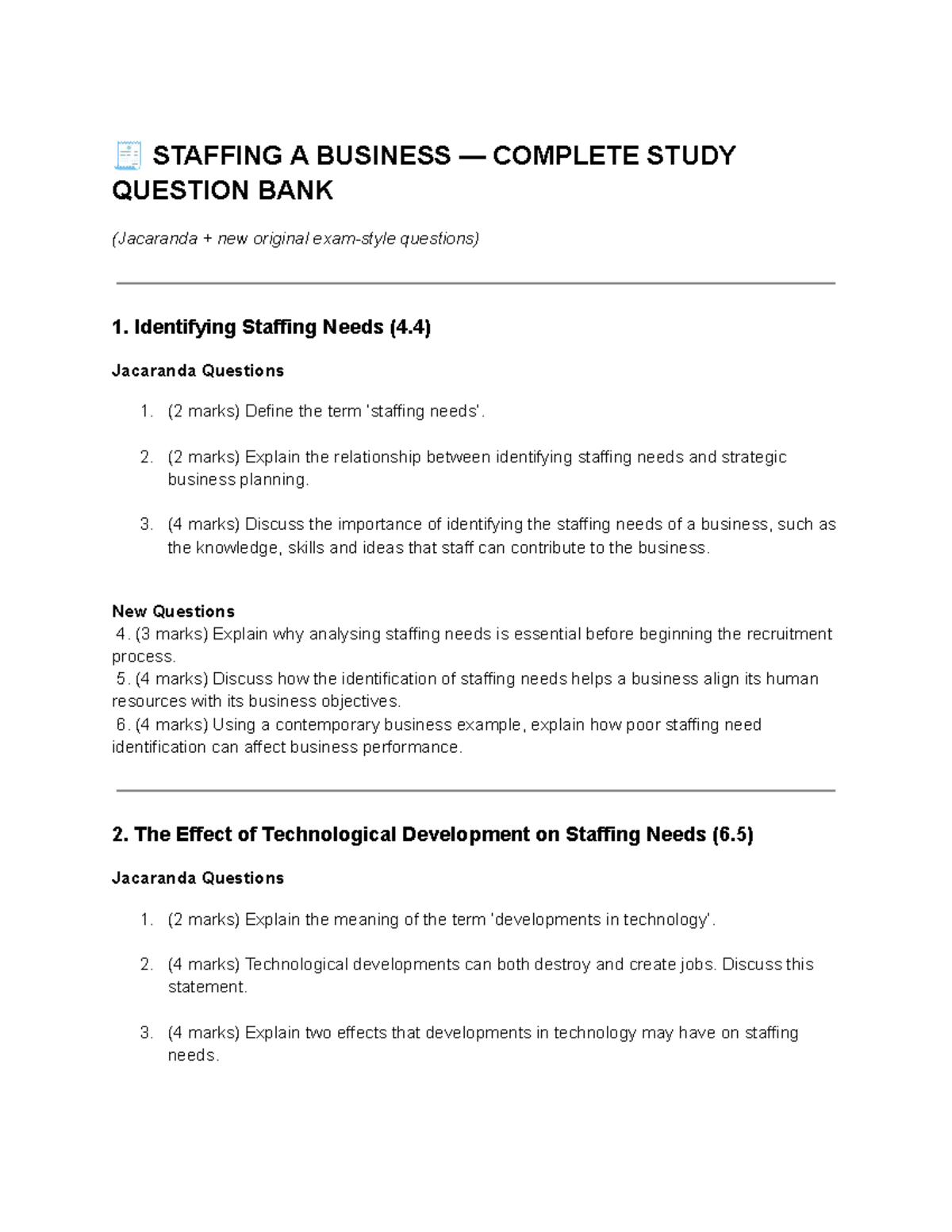 STAFFING A BUSINESS: COMPLETE STUDY Q&A BANK (Jacaranda) - Studocu